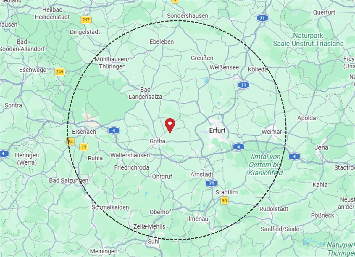 Umkreiskarte: Standort in Gotha mit Einzugsgebiet Erfurt und Umgebung
